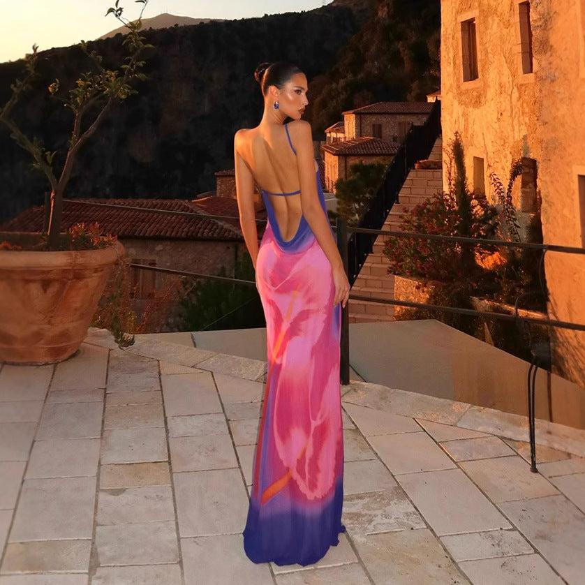 One Shoulder Diagonal Collar Printed Backless Long Dress